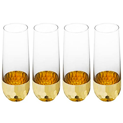 MyGift Modern Stemless Champagne Flute Glass Set of 4 Party Drinkware, Cocktails Prosecco Mimosa Glasses with Hammered Brass Plated Bottoms - color: Brass
