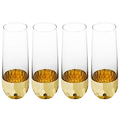 MyGift Modern Stemless Champagne Flute Glass Set of 4 Party Drinkware, Cocktails Prosecco Mimosa Glasses with Hammered Brass Plated Bottoms - color: Brass