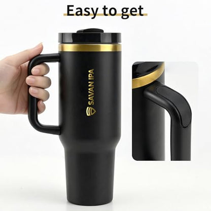 Insulated Tumbler, BLACK, 40 oz | Stainless Steel Vacuum, Handle and Straw, Leak Resistant Lid, Fits Car Cup Holder, Travel Mug - color: GOLD COPPER, size: 40 oz