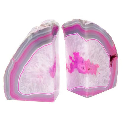 JIC Gem Pink Agate Geode Bookends Anti-Slip Rubber Bumpers 1 Pair 2-3 Lbs | Small Polished Dyed Pink Brazilian Agate Geode Bookends small Anti-Slip Crytal Holders for Bookshelf Desktop Home Office - color: Pink Dyed, size: 2-3LBS.