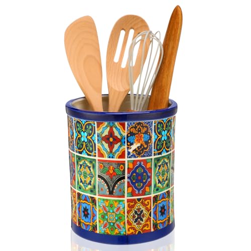 LemonRoad 6.7" H Talavera Utensil Holder for Kitchen Counter Mexican Pottery Ceramic Cooking Utensil Crock Modern Farmhouse Countertop Organizer for Spatula Ladle Kitchen Counter Decor - style: Talavera
