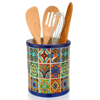 LemonRoad 6.7" H Talavera Utensil Holder for Kitchen Counter Mexican Pottery Ceramic Cooking Utensil Crock Modern Farmhouse Countertop Organizer for Spatula Ladle Kitchen Counter Decor - style: Talavera