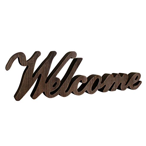 Rustic Vintage Distressed Wooden Words Sign Free Standing "Welcome" Tabletop/Shelf/Home Wall/Office Decoration Art, 14-1/2 x 4-1/4 x 1 Inch - color: Natural