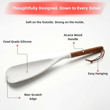 2-Pack Silicone Spoonula with Wooden Handle, BPA-Free Spatula Spoon for Nonstick Cookware, Heat Resistant Cooking Spoon for Mixing, Scraping, Scooping and Serving(White) - color: White