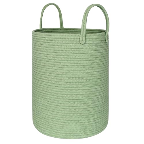 Large Green Laundry Basket, 15"x18" Tall Woven Cotton Rope Bin for Blankets Clothes, Baby Nursery Laundry Hamper, Kids Toy Storage Bin, Green Living Room Bedroom Decor Baskets for Organizing - color: Green, size: 15"D x 18"H