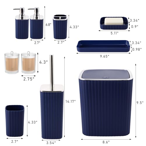 XLHOMO Navy Blue Bathroom Accessories Set - Gorgeous Bathroom Set, 10PC Bathroom Accessory Set, Toilet Brush, Trash Can, Qtip Holder & Soap Dispenser - size: Bath Set, style: Navy Blue&Silver