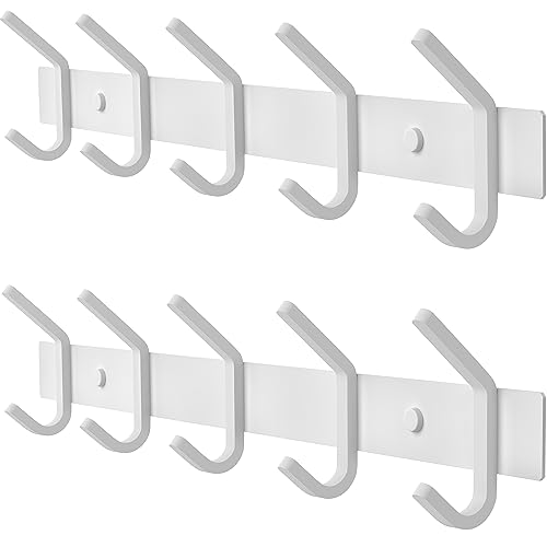 White Coat Rack Wall Mount – 15 Inch Stainless Steel Hook Rail with 5 Heavy Duty Double Coat Hooks – Wall Mounted Coat Hanger for Entryway, Bathroom, Bedroom, Towel, Hat Organizer - 2 Pack - color: White, size: 5 Hooks - 2 Pack