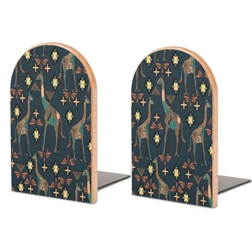 Personalized Wood Book Ends Metal Base Giraffe Pattern Design Printing Bookend Modern Heavy Duty Bookends for Home Or Office 1 Pair - color: Giraffe Pattern Design