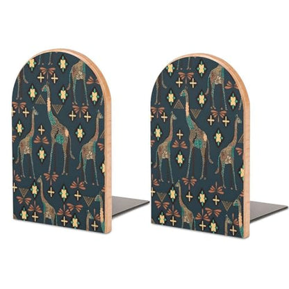 Personalized Wood Book Ends Metal Base Giraffe Pattern Design Printing Bookend Modern Heavy Duty Bookends for Home Or Office 1 Pair - color: Giraffe Pattern Design