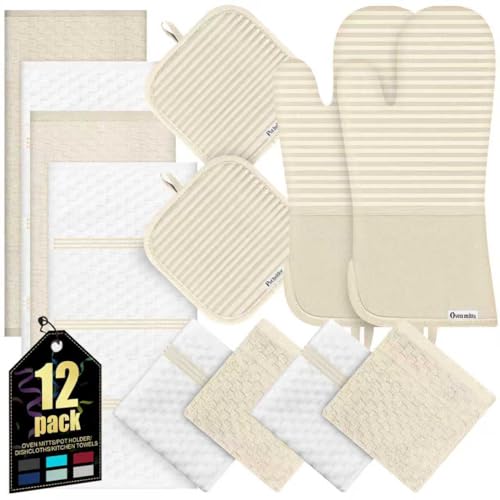 Oven Mitts Kitchen Towels and Dishcloths with Pot Holders Sets, Oven Gloves Hot Pads 500°F Heat Resistant with Silicone Grip, Include 2 Cooking Gloves/2 Potholders/4 Kitchen Towels/4 Dish Towels - color: Milkshake