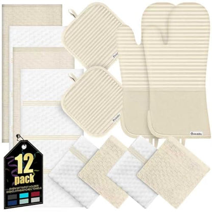 Oven Mitts Kitchen Towels and Dishcloths with Pot Holders Sets, Oven Gloves Hot Pads 500°F Heat Resistant with Silicone Grip, Include 2 Cooking Gloves/2 Potholders/4 Kitchen Towels/4 Dish Towels - color: Milkshake