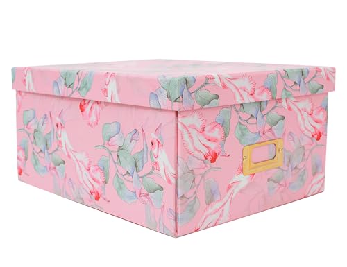 Decorative Storage Box with Lid, Foldable, Pink Floral, Metal Label Frame, Vintage, Cardboard Paperboard Keepsake box, Photo Storage for Memory, Home Decor, knick-knacks and Wool Organizer - color: PINK