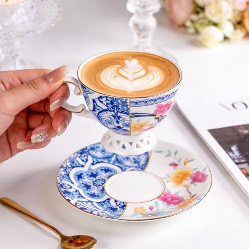 KAMMAK Tea Cups and Saucers Set of 2, Fine Bone China Coffee Cups, GH011 | Stackable Espresso Mugs, Ceramic Demitasse for Coffee, Cappuccino, Latte, Americano, Tea - size: 8KPGH011