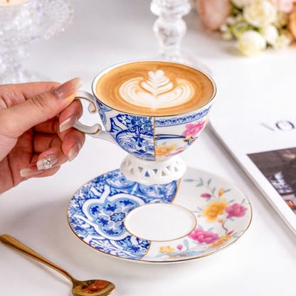KAMMAK Tea Cups and Saucers Set of 2, Fine Bone China Coffee Cups, GH011 | Stackable Espresso Mugs, Ceramic Demitasse for Coffee, Cappuccino, Latte, Americano, Tea - size: 8KPGH011