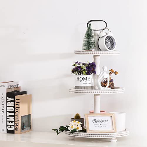 Urban Deco Wooden Tiered Tray 3-Tier Decorative Tray Stand Farmhouse Serving Tray, Round Wooden Cupcake Display Stand with Metal Handle, White Tiered Fruits Tray for Home Party Decorations - style: 3 tier-white
