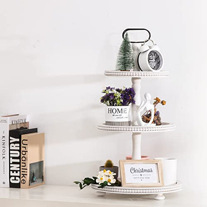 Urban Deco Wooden Tiered Tray 3-Tier Decorative Tray Stand Farmhouse Serving Tray, Round Wooden Cupcake Display Stand with Metal Handle, White Tiered Fruits Tray for Home Party Decorations - style: 3 tier-white
