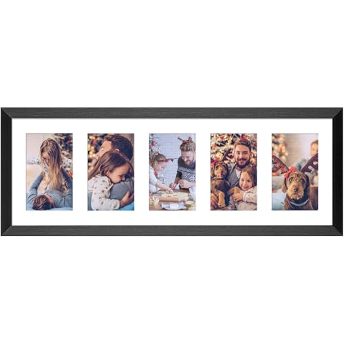 8x24 Collage Frame with 5 Openings 4X6 Pictures, Multiple Picture Frame with Mat, Wall or Tabletop Decor, Black Wood Grain (1 Pack) - color: Black, size: 8x24-(5 open4x6)-1P