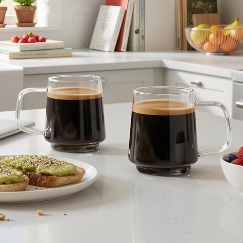 Aquach 16oz Stackable Glass Mugs Set of 2, Large Clear Coffee Tea Cups | Dishwasher/Microwave Safe, Borosilicate Glass, Comfort Handle, Smooth Rim, Stackable, Large Capacity - size: 16 oz