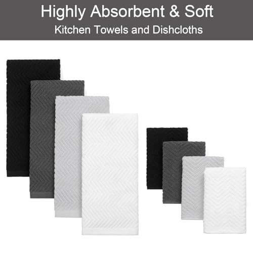 100% Cotton Kitchen Towels and Dishcloths Set, Pack of 8 Super Absorbent 16" x 25" Kitchen Towels and 13" x 13" Dish Cloths (400 GSM) - color: White Grey Black Set, style: 8-Piece Set
