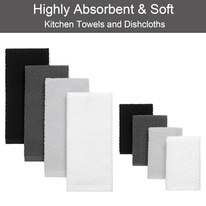 100% Cotton Kitchen Towels and Dishcloths Set, Pack of 8 Super Absorbent 16" x 25" Kitchen Towels and 13" x 13" Dish Cloths (400 GSM) - color: White Grey Black Set, style: 8-Piece Set
