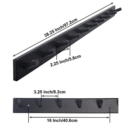 SKOLOO Wall Mounted Coat Rack 38", 10 Hooks, Bamboo, Shaker Style, Black | Wood wall hooks, painted finish, 100-lb cap, entry/bath/bed, hanging backpack coat towel hat, long pegs, 16" stud spacing - color: Black, size: 38 inch