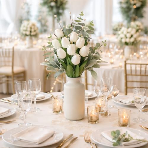 18 Stems White Artificial Tulip Bouquet with Eucalyptus | Real touch petals, pearl berries, bendable stems, elegant centerpiece, dining table decor, no vase - color: White