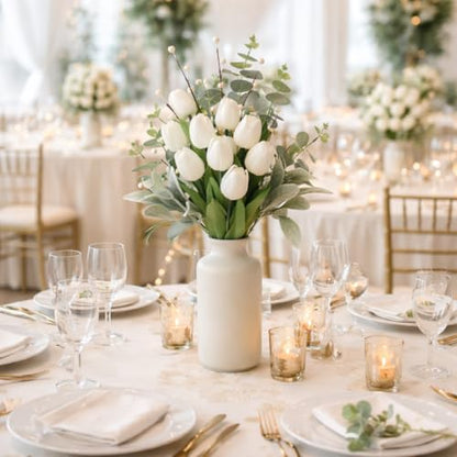 18 Stems White Artificial Tulip Bouquet with Eucalyptus | Real touch petals, pearl berries, bendable stems, elegant centerpiece, dining table decor, no vase - color: White