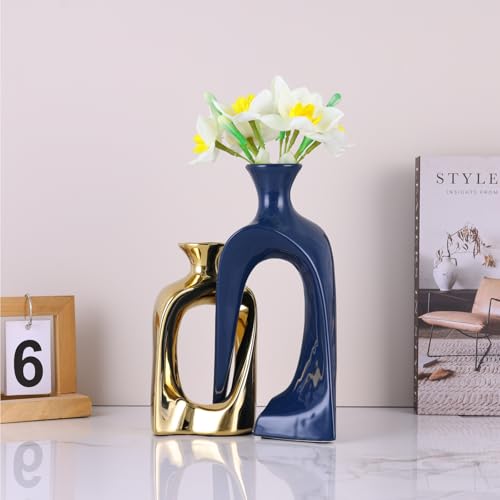 Blue and Gold Ceramic Vases,Pottery Decor Aesthetic Pampas Grass Vase,Midcentury Modern Decor Boho Vase,Unique Donut Vase for Coffee Table Centerpiece,Entry Table Decor (Blue Gold)