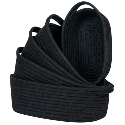 CubesLand Small Storage Basket Cotton Rope Organizer Baskets for Shelves | Set of 5 Decorative Closet Storage Bins with Handle for Countertop, Toilet Paper Basket for Toilet Tank Top, Black Basket - color: Black