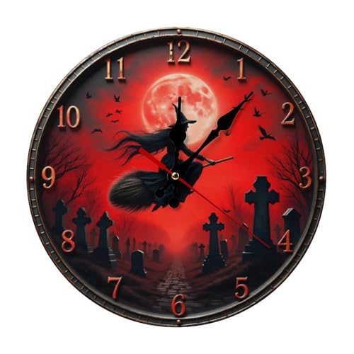 Wall Clock, Gothic Halloween Witch Non Ticking Wall Clocks Battery Operated, Red Wooden Wall Clocks for Living Room, Bedroom, Office Decorative 10 Inch - color: Style-5