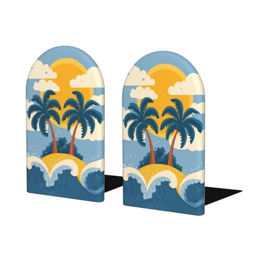 Cartoon Palm Trees Wooden Bookends for Shelves Decorative Book Ends Universal Book Organizer Holder for Office, Heavy Books, Vinyl Records - color: Cartoon Palm Trees