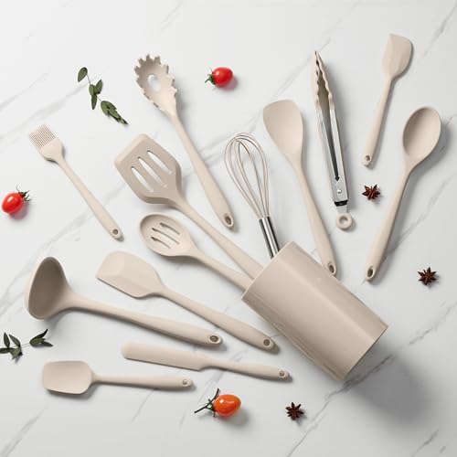 LIANYU 14 Pcs Silicone Cooking Utensils Set with Holder, Khaki | Kitchen Utensils Set for Non-Stick Cookware, 446°F Heat Resistant Cooking Tools with Comfort Grip Handle, Dishwasher safe - color: Khaki