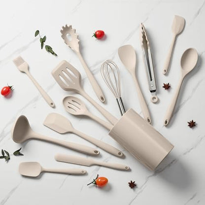 LIANYU 14 Pcs Silicone Cooking Utensils Set with Holder, Khaki | Kitchen Utensils Set for Non-Stick Cookware, 446°F Heat Resistant Cooking Tools with Comfort Grip Handle, Dishwasher safe - color: Khaki