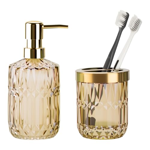 RRM Glass Bathroom Toothbrush Holder and Soap Dispenser Set, Brown | 2 Piece Bathroom Accessories Set for Modern Bathroom Decor and Housewarming Gift - color: Brown