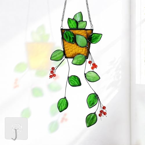 Plant Stained Glass,Stained Glass Window Hanging,Real Handmade Suncatcher,Artificial Green Plants Decor for Women Mom Grandma Plant Lovers,Sun Catcher for Home Windows - color: Yellow Plant
