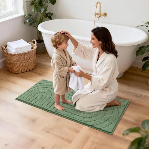 Pauwer Bathroom Rugs Sets 5 Piece, Absorbent Non Slip Bath Mat Set, Green | Machine Washable, Microfiber Plush, Quick Dry Runner, U Shaped Contour Toilet Rugs, Shower Mats and Toilet Lid Cover - color: Green
