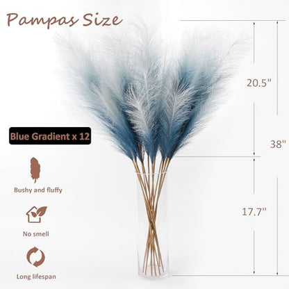 12PCS Faux Blue Gradient Pampas 38" Tall for Floor Vase | Fluffy Tall Large, Faux Pampas Grass, Fake Pompas, Artificial Pompous Grass, Floor Vase Filler - color: Navy Blue Gradient