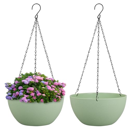 Meowell 8 inch Small Hanging Planters Plant Pots for Indoor Outdoor Plants, 2 Pack Hanging Flower Pots with Drainage Holes and Chain for Garden Porch, Plastic Hanging Baskets for House Plants, Green - color: Green, size: 8inch 2pcs