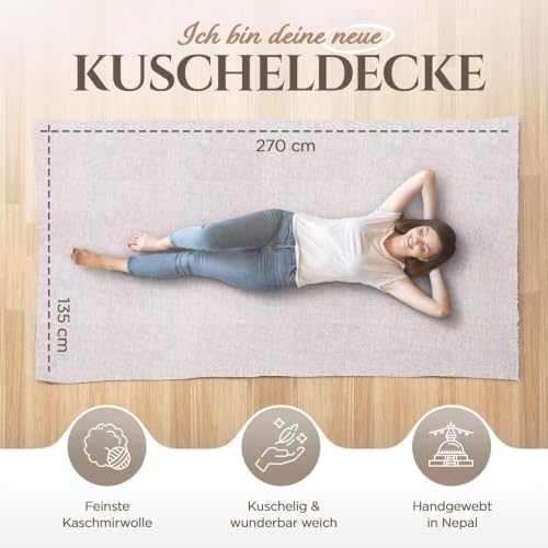 Cashmere Blanket – Hand Woven 100% Pure Wool Throw Blanket, 135 x 270 cm – Plain Cozy, and Soft Blanket for Bed, Sofa, or Couch - Made in Nepal - color: Light Grey