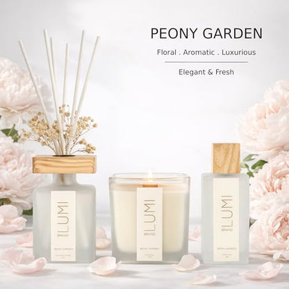 Luxury Aroma Gift Set | Peony Garden Scent - Reed Diffuser (200ml), Wood Wick Soy Candle (200g), Room Spray (50ml) | Includes Dried Flowers & 8 Reeds | Luxurious Fragrance for Home Décor | Great Gifts
