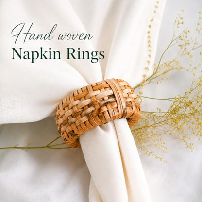 Alpha Living Home Rattan Napkin Rings, Brown, Set of 12 | Natural cane & plastic blend, 2x2x1 in each, boho rustic style, handcrafted, fits various napkin thicknesses - color: Tan, size: 12- Pack