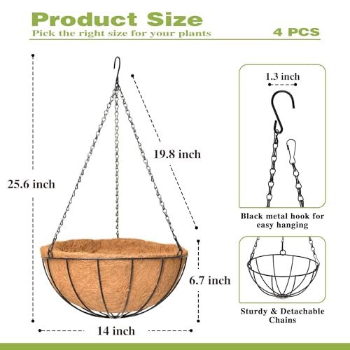 4 Pack 14 Inch Hanging Baskets for Plants Outdoor Metal Hanging Planter Hanging Flower Baskets with Coco Fiber Liners Chain Round Wire Plant Holder Hanging Flower Pots(Watermelon) - size: 14 Inch, style: Watermelon