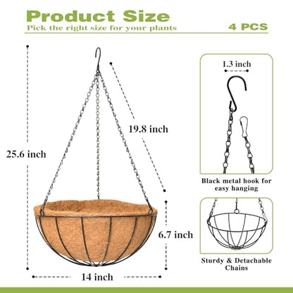 4 Pack 14 Inch Hanging Baskets for Plants Outdoor Metal Hanging Planter Hanging Flower Baskets with Coco Fiber Liners Chain Round Wire Plant Holder Hanging Flower Pots(Watermelon) - size: 14 Inch, style: Watermelon