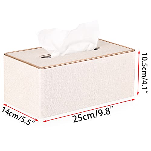Sumnacon Rectangular Linen Tissue Box Cover - Stylish Tissue Box Holder with Magnetic Bottom, Decorative Tissue Box for Bathroom Toilet Vanity Night Stand Table Countertop Office, Beige Linen Texture | Decorative Tissue Box Cover Rectangular with Gold Gri