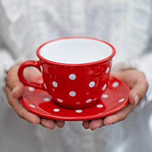 City to Cottage Handmade Red and White Polka Dot Large Ceramic 12oz/350ml Cappuccino Coffee Tea Cup and Saucer, Unique Designer Pottery Gift for Tea Lovers - color: Red - 12oz (350ml)