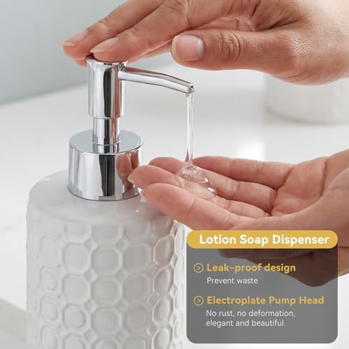 White Ceramic Bathroom Accessories Set, 4 Piece, Honeycomb Design with Soap Dispenser Pump, Tumbler, Toothbrush Holder, Soap Dish - color: White 005