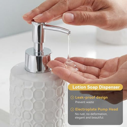 White Ceramic Bathroom Accessories Set, 4 Piece, Honeycomb Design with Soap Dispenser Pump, Tumbler, Toothbrush Holder, Soap Dish - color: White 005