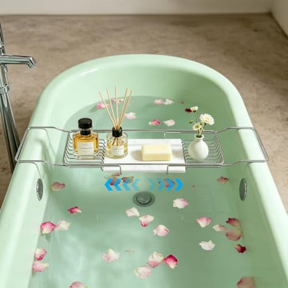 Expandable Bathtub Tray, Stainless Steel Bath Caddy with Marble Board, Adjustable 26.8-35.4 Inch Bathtub Shelf for Bathroom Spa