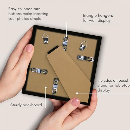Americanflat 5x5 Picture Frame - Slim Molding - Black | Shatter-resistant glass, wall or tabletop display with included easel, triangle hangers included, secure turn-tab backing - color: Black, size: 5x5