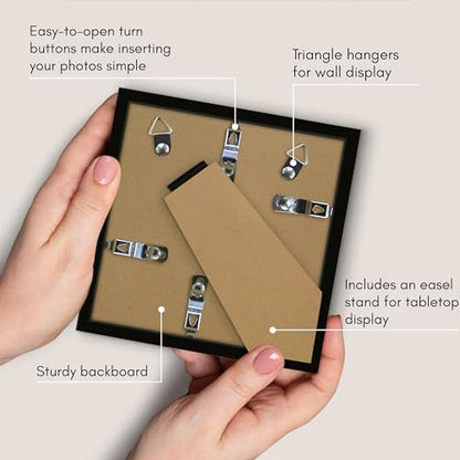 Americanflat 5x5 Picture Frame - Slim Molding - Black | Shatter-resistant glass, wall or tabletop display with included easel, triangle hangers included, secure turn-tab backing - color: Black, size: 5x5